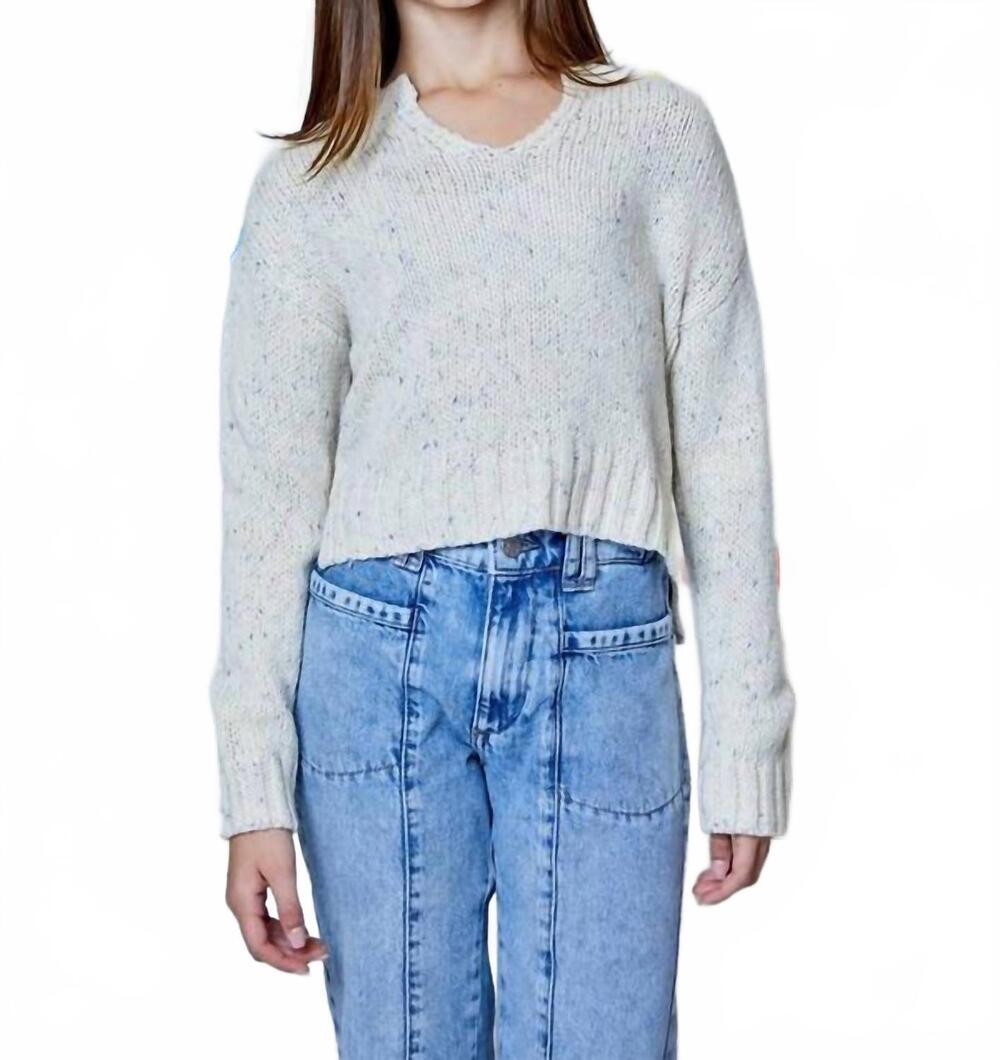 NEW DESIGN HISTORY girls' v-neck combo sweater in tan suede